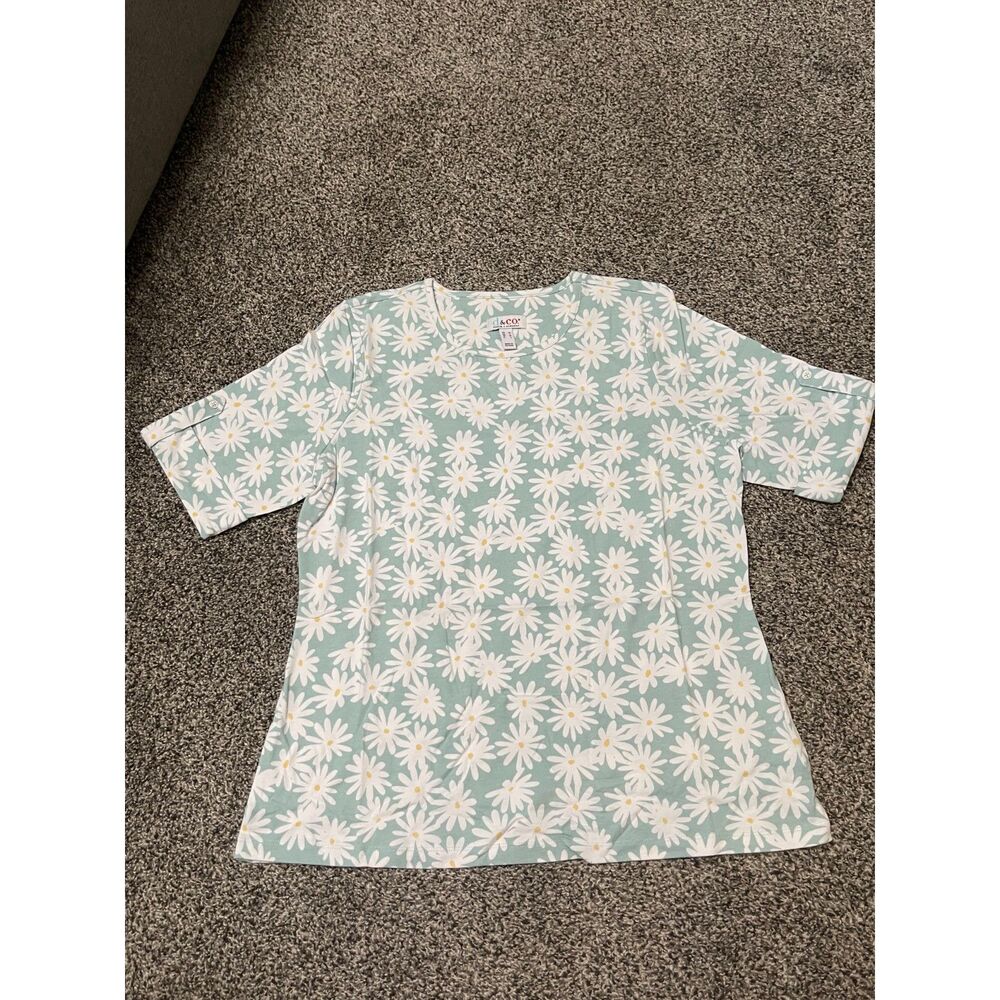 New Denim & Co. Green Daisy Perfect Jersey Short-Sleeve Top M